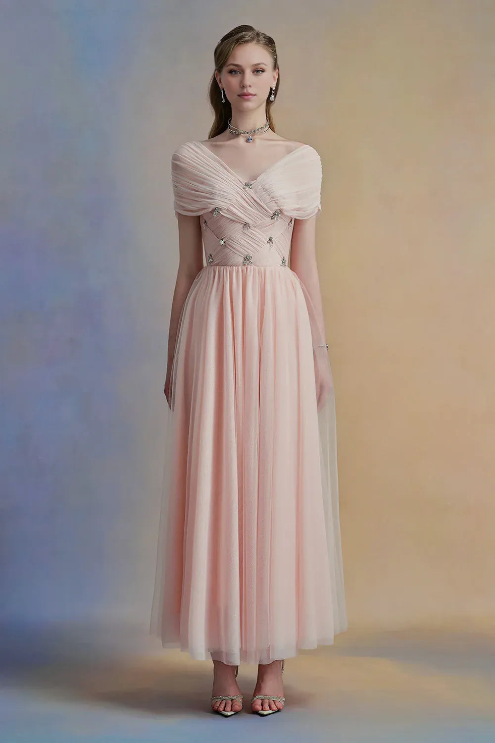 Robe Weitese vintage trapèze col en V tulle robe mi-longue épaules dénudées plissée fermeture éclair manches courtes robe de soirée